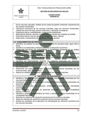 RED: TECNOLOGÍAS DE PRODUCCIÓN LIMPIA

                                        GESTIÓN DE RECURSOS NATURALES

    Sistema de Gestión de la
                                                   CODIGO 222205
            Calidad                                 VERSIÓN 50




       de los recursos naturales, análisis de los costos de gestión ambiental, importancia de
       las cuentas ambientales.
•      Valoración económica de los recursos naturales: pago por servicios ambientales,
       método del costo del viaje, precios hedónicos y valoración contingente.
•      Estadística básica: probabilidades, proyecciones estadísticas.
•      Matemáticas básicas: razones, proporciones, conversión de unidades de medida.
•      Informática básica: hoja de cálculo, procesador de texto, Internet.
•      Elaboración y presentación de registros e informes escritos.

3.2 CONOCIMIENTOS DE PROCESO
• Identificar ya analizar los servicios ambientales de los recursos suelo, agua, flora y
   fauna.
• Identificar la problemática ambiental asociada al desarrollo económico.
• Aplicar los conceptos de sostenibilidad y contabilidad ambiental en el análisis
   económico de los recursos naturales.
• Identificar y analizar la relación costo-beneficio de las actividades económicas
   asociadas con los recursos suelo, agua, fauna y flora.
• identificar y analizar las fallas del mercado y sus implicaciones con respecto a los
   recursos naturales.
• Identificar las externalidades positivas y/o negativas producidas por diferentes
   actividades económicas en los ecosistemas.
• Identificar y analizar impactos ambientales producidos por actividades económicas en
   los ecosistemas.
• Determinar los costos ambientales de actividades económicas asociadas con los
   recursos suelo, agua, fauna y flora.
• Aplicar los métodos de valoración económica de los recursos naturales.

                                  4. CRITERIOS DE EVALUACION
•      Identifica y describe los servicios ambientales y/o externalidades producidas por los
       recursos suelo, agua, flora y fauna.
•      Caracteriza y analiza la problemática ambiental relacionada con las actividades de
       desarrollo económico.
•      Caracteriza y analiza los impactos ambientales producidos por actividades
       económicas.
•      Aplica conceptos y principios de desarrollo sostenible, economía y contabilidad
       básica y ambiental.
•      Identifica y analiza la problemática de incluir y estimar los costos ambientales en la
       contabilidad Nacional.
•      Describe los métodos de valoración económica de los recursos naturales.
•      Aplica los métodos de valoración económica de los recursos naturales.
•      Analiza los resultados de la aplicación de metodologías de valoración económica de
       los recursos naturales



Diciembre de 2007                                                                         25 
 