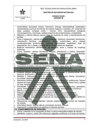 RED: TECNOLOGÍAS DE PRODUCCIÓN LIMPIA

                                      GESTIÓN DE RECURSOS NATURALES

 Sistema de Gestión de la
                                                  CODIGO 222205
         Calidad                                   VERSIÓN 50




   (profundidad, porosidad, textura, estructura, drenaje, permeabilidad, plasticidad),
   características químicas (contenido de materia orgánica, nutrientes, pH, contenido de
   sales solubles, complejo arcillo - húmico, CIC), características biológicas
   (microorganismos, micorrizas, calidad presencia de contaminantes), erodabilidad.
• Métodos y criterios básicos para la toma de muestras de suelo y caracterización de
   perfiles.
• Flora y Vegetación: valores intrínsecos (densidad, cobertura, diversidad, dominancia,
   composición florística, estratificación, etapas sucesionales, etc.), valores
   conservacionistas (endemismos, especies amenazadas, estabilidad, nivel de
   degradación, etc.), clases y características de las coberturas vegetales.
• Botánica taxonómica: identificación de especies, toma y manejo de muestras
   botánicas.
• Fauna Silvestre: valores intrínsecos (riqueza, abundancia y rareza, diversidad,
   dominancia),      valores     conservacionistas      (representatividad,      singularidad,
   endemismos, especies amenazadas).
• Métodos y criterios básicos para la evaluación de fauna silvestre.
• Riesgos derivados de los procesos naturales: erosión, inundación, movimientos de
   masa, entre otros.
• Relaciones entre los componentes biofísicos de un ecosistema.
• Importancia ecológica, técnica y económica del suelo, agua, flora, fauna y paisaje.
• Fundamentos de sociología rural: cultura, sociedad y desarrollo rural.
• Características de la población: densidad, población urbana, población rural, etc.
• Criterios básicos para la caracterización predial: formas y características de la
   tenencia, distribución y propiedad de la tierra en Colombia.
• Métodos e instrumentos para la recolección de información básica: formularios,
   encuestas, diagnósticos participativos, etc.
• Elementos básicos para la caracterización socioeconómica de poblaciones: formas
   básicas de organización social, teorías socioeconómicas básicas sobre nivel y calidad
   de vida, infraestructura, servicios, entre otros.
• Actividades Económicas: usos del suelo, sector primario (agricultura, ganadería,
   pesca, minería, forestal), sector secundario (industria), sector terciario (comercio).
• Bienes y servicios ambientales de los recursos naturales.
• Riesgos y amenazas derivadas de la relación hombre – recursos naturales.
• Relaciones entre las características biofísicas de un sitio y los usos del suelo.
• Criterios para la elaboración de matrices de impacto ambiental y análisis DOFA en
   recursos naturales.
• Operaciones matemáticas básicas: razones, proporciones, conversión de unidades
   de medida.
• Informática básica: hoja de cálculo, procesador de texto, Internet.
• Elaboración y presentación de registros e informes escritos.
3.2 CONOCIMIENTOS DE PROCESO
• Ubicar y delimitar en la cartografía el área o cuenca hidrográfica objeto de estudio.
• Identificar, evaluar y ubicar las coberturas vegetales presentes en el área de estudio,


Diciembre de 2007                                                                           7 
 