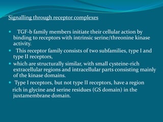 Signalling through receptor complexes
 TGF-b family members initiate their cellular action by
binding to receptors with intrinsic serine/threonine kinase
activity.
 This receptor family consists of two subfamilies, type I and
type II receptors,
 which are structurally similar, with small cysteine-rich
extracellular regions and intracellular parts consisting mainly
of the kinase domains.
 Type I receptors, but not type II receptors, have a region
rich in glycine and serine residues (GS domain) in the
juxtamembrane domain.
 