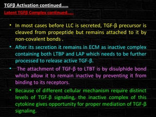 TGFβ Activation continued.....
Latent TGFβ Complex continued.....
• In most cases before LLC is secreted, TGF-β precursor is
cleaved from propeptide but remains attached to it by
non-covalent bonds .
• After its secretion it remains in ECM as inactive complex
containing both LTBP and LAP which needs to be further
processed to release active TGF-β.
• The attachment of TGF-β to LTBT is by disulphide bond
which allow it to remain inactive by preventing it from
binding to its receptors.
• Because of different cellular mechanism require distinct
levels of TGF-β signaling, the inactive complex of this
cytokine gives opportunity for proper mediation of TGF-β
signaling.
 