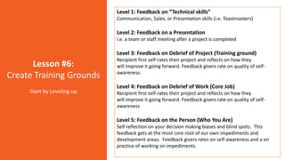 Lesson #6:
Create Training Grounds
Start by Leveling up
Level 1: Feedback on “Technical skills”
Communication, Sales, or P...