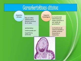 Características clínica
Mas en niños
adolescente y
jóvenes menores
de 21 años
asintomático
Lesión puede ser:
Superficial y
profundo
Aspectos
clínicos La mucina está
delimitada por
tejido conectivo o
por tejido de
granulación.
La mucina es de
aspecto basófilo y
puede contener
leucocitos o
histiocitos.
Aspecto
histológico
 