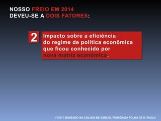 NOSSO FREIO EM 2014 
DEVEU-SE A DOIS FATORES: 
Impacto sobre a eficiência 
do regime de política econômica 
que ficou conhecido por 
nova matriz econômica. 
FONTE BASEADO NA COLUNA DE SAMUEL PESSÔA NA FOLHA DE S. PAULO 
2 
 