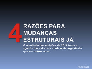 4 RAZÕES PARA 
MUDANÇAS 
ESTRUTURAIS JÁ 
O resultado das eleições de 2014 torna a 
agenda das reformas ainda mais urgente do 
que em outros anos. 
FONTE EXAME 
 