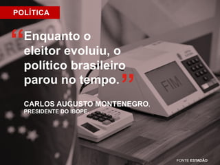 INVESTIMENTOS EM QUEDA 
EM % 
1960 
1970 
1980 
1990 
2000 
2010 
27 
25 
23 
21 
19 
17 
15 
21,4% PIB 19,8% PIB 17,3% PIB 
 