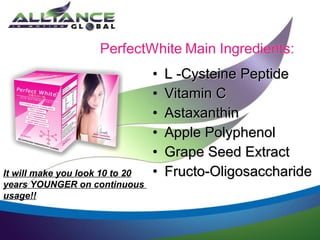 It will make you look 10 to 20
years YOUNGER on continuous
usage!!

•
•
•
•
•
•

L -Cysteine Peptide
Vitamin C
Astaxanthin
Apple Polyphenol
Grape Seed Extract
Fructo-Oligosaccharide

 