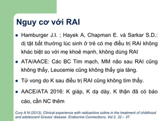 Nguy cơ với RAI
 Hamburger J.I. ; Hayek A, Chapman E. và Sarkar S.D.:
dị tật bất thường lúc sinh ở trẻ có mẹ điều trị RAI không
khác biệt so với mẹ khoẻ mạnh, không dùng RAI
 ATA/AACE: Các BC Tim mạch, MM não sau RAI cũng
không thấy, Leucemie cũng không thấy gia tăng.
 Tử vong do K sau điều trị RAI cũng không tìm thấy.
 AACE/ATA 2016: K giáp, K dạ dày, K thận đã có báo
cáo, cần NC thêm
Cury A.N (2013), Clinical experience with radioactive iodine in the treatment of childhood
and adolescent Graves’ disease. Endocrine Connections, Vol 2, 32 – 37.
 