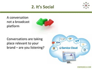 2. It’s Social

A conversation
not a broadcast
platform


Conversations are taking
place relevant to your
brand – are you listening?




                                   ENERGISE2-0.COM
 