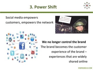 3. Power Shift

Social media empowers
customers, empowers the network




                       We no longer control the brand
                      The brand becomes the customer
                              experience of the brand –
                            experiences that are widely
                                          shared online
                                                ENERGISE2-0.COM
 