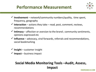 Performance Measurement
 Involvement – network/community numbers/quality, time spent,
  frequency, geography
 Interaction – actions they take – read, post, comment, reviews,
  recommendations
 Intimacy – affection or aversion to the brand ; community sentiments,
  opinions expressed etc
 Influence – advocacy, viral forwards, referrals and recommendations,
  social bookmarking

 Insight – customer insight
 Impact – business impact


   Social Media Monitoring Tools –Audit, Assess,
                      Impact
                                                              ENERGISE2-0.COM
 