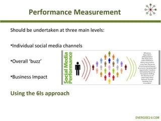 Performance Measurement

Should be undertaken at three main levels:

•Individual social media channels

•Overall ‘buzz’

•Business Impact


Using the 6Is approach


                                             ENERGISE2-0.COM
 
