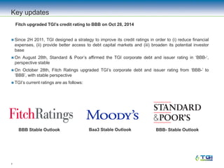 7
Key updates
 Since 2H 2011, TGI designed a strategy to improve its credit ratings in order to (i) reduce financial
expenses, (ii) provide better access to debt capital markets and (iii) broaden its potential investor
base
 On August 28th, Standard & Poor’s affirmed the TGI corporate debt and issuer rating in ‘BBB-‘,
perspective stable
 On October 28th, Fitch Ratings upgraded TGI’s corporate debt and issuer rating from ‘BBB-’ to
‘BBB’, with stable perspective
 TGI’s current ratings are as follows:
Baa3 Stable OutlookBBB Stable Outlook BBB- Stable Outlook
Fitch upgraded TGI’s credit rating to BBB on Oct 28, 2014
 