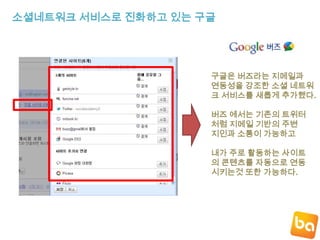 소셜네트워크 서비스로 진화하고 있는 구글구글은버즈라는지메일과연동성을 강조한 소셜네트워크 서비스를새롭게 추가했다.버즈 에서는 기존의 트위터처럼지메일 기반의 주변지인과 소통이 가능하고내가 주로 활동하는 사이트의 콘텐츠를 자동으로 연동시키는것 또한 가능하다.
