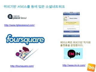 위치기반 서비스를 등에 업은 소셜네트워크http://www.itplaceseoul.com/페이스북은 위치기반 직거래플랫폼을 운영중이다.http://www.im-in.com/http://foursquare.com/