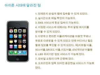 아이폰 시대에 달라진 점1. 언제든지 손쉽게 웹에 접속할 수 있게 되었다.2. 실시간으로 메일 확인이 가능하다.3. SNS 서비스에 항상 접속이 가능하다.4. 지정된 서비스에 대해서는 푸쉬 알림 메시지를받아볼 수 있게 되었다.5. 다양하고 편리한 어플리케이션을 마음껏 무료나유료로 다운받을 수 있게 되었고 언제 어디서나 필요할때 정보를 확인할 수 있게 되었다. 예)지하철 어플,버스어플,QR코드 어플,지도어플,내비게이션어플등6. LBS 위치기반 정보 서비스가 가능해 졌다.7. 모바일 쇼핑이 더욱 간편해 졌다.8. 오프라인과 접목 되어진 증강현실 서비스가 가능해졌다.