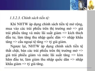 1.3.2.3. Chính sách tiền tệ:
Khi NHTW áp dụng chính sách tiền tệ mở rộng,
mua vào các trái phiếu trên thị trường mở => giá
trái phiếu tăng và mức lãi suất giảm => kích thích
đầu tư, làm tăng thu nhập quốc dân => nhập khẩu
tăng => cầu ngoại tệ tăng => tỷ giá giảm.
Ngược lại, NHTW áp dụng chính sách tiền tệ
thắt chặt, bán các trái phiếu trên thị trường mở =>
giá trái phiếu giảm và mức lãi suất tăng => kìm
hãm đầu tư, làm giảm thu nhập quốc dân => nhập
khẩu giảm => tỷ giá tăng.
 
