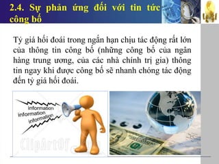 2.4. Sự phản ứng đối với tin tức
công bố
Tỷ giá hối đoái trong ngắn hạn chịu tác động rất lớn
của thông tin công bố (những công bố của ngân
hàng trung ương, của các nhà chính trị gia) thông
tin ngay khi được công bố sẽ nhanh chóng tác động
đến tỷ giá hối đoái.
 