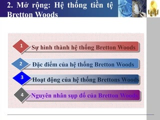 2. Mở rộng: Hệ thống tiền tệ
Bretton Woods
Sự hình thành hệ thống Bretton Woods1
Đặc điểm của hệ thống Bretton Woods2
Hoạt động của hệ thống Brettons Woods3
Nguyên nhân sụp đổ của Bretton Woods4
 