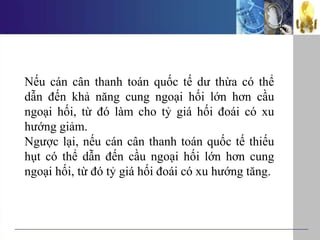 Nếu cán cân thanh toán quốc tế dư thừa có thể
dẫn đến khả năng cung ngoại hối lớn hơn cầu
ngoại hối, từ đó làm cho tỷ giá hối đoái có xu
hướng giảm.
Ngược lại, nếu cán cân thanh toán quốc tế thiếu
hụt có thể dẫn đến cầu ngoại hối lớn hơn cung
ngoại hối, từ đó tỷ giá hối đoái có xu hướng tăng.
 