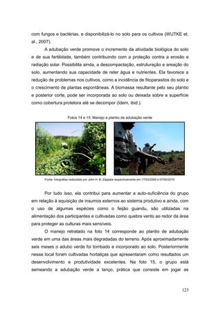 com fungos e bactérias, e disponibilizá-lo no solo para os cultivos (WUTKE et.
al., 2007).
       A adubação verde promove o incremento da atividade biológica do solo
e de sua fertilidade, também contribuindo com a proteção contra a erosão e
radiação solar. Possibilita ainda, a descompactação, estruturação e areação do
solo, aumentando sua capacidade de reter água e nutrientes. Ela favorece a
redução de problemas nos cultivos, como a incidência de fitoparasitos do solo e
o crescimento de plantas espontâneas. A biomassa resultante pelo seu plantio
e posterior corte, pode ser incorporada ao solo ou deixada sobre a superfície
como cobertura protetora até se decompor (Idem, ibid.).


                       Fotos 14 e 15: Manejo e plantio de adubação verde




       Fonte: fotografias realizadas por John H. B. Zappala respectivamente em 17/03/2009 e 07/05/2010.



       Por tudo isso, ela contribui para aumentar a auto-suficiência do grupo
em relação à aquisição de insumos externos ao sistema produtivo e ainda, com
o uso de algumas espécies como o feijão guandu, são utilizadas na
alimentação dos participantes e cultivadas como quebra vento ao redor da área
para proteger as culturas mais sensíveis.
       O manejo retratado na foto 14 corresponde ao plantio de adubação
verde em uma das áreas mais degradadas do terreno. Após aproximadamente
seis meses o adubo verde foi tombado e incorporado ao solo. Posteriormente
nesse local foram cultivadas hortaliças que apresentaram como resultados um
desenvolvimento e produtividade excelentes. Na foto 15, o grupo está
semeando a adubação verde a lanço, prática que consiste em jogar as



                                                                                                          123
 