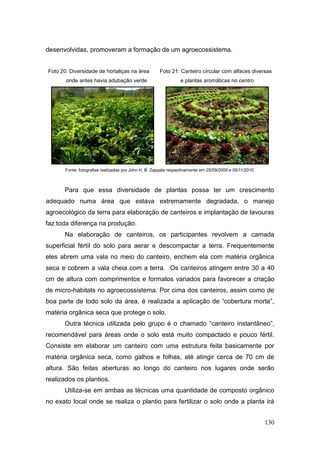 desenvolvidas, promoveram a formação de um agroecossistema.


Foto 20: Diversidade de hortaliças na área            Foto 21: Canteiro circular com alfaces diversas
       onde antes havia adubação verde                           e plantas aromáticas no centro




       Fonte: fotografias realizadas por John H. B. Zappala respectivamente em 25/09/2009 e 05/11/2010.



      Para que essa diversidade de plantas possa ter um crescimento
adequado numa área que estava extremamente degradada, o manejo
agroecológico da terra para elaboração de canteiros e implantação de lavouras
faz toda diferença na produção.
      Na elaboração de canteiros, os participantes revolvem a camada
superficial fértil do solo para aerar e descompactar a terra. Frequentemente
eles abrem uma vala no meio do canteiro, enchem ela com matéria orgânica
seca e cobrem a vala cheia com a terra. Os canteiros atingem entre 30 a 40
cm de altura com comprimentos e formatos variados para favorecer a criação
de micro-habitats no agroecossistema. Por cima dos canteiros, assim como de
boa parte de todo solo da área, é realizada a aplicação de ―cobertura morta‖,
matéria orgânica seca que protege o solo.
      Outra técnica utilizada pelo grupo é o chamado ―canteiro instantâneo‖,
recomendável para áreas onde o solo está muito compactado e pouco fértil.
Consiste em elaborar um canteiro com uma estrutura feita basicamente por
matéria orgânica seca, como galhos e folhas, até atingir cerca de 70 cm de
altura. São feitas aberturas ao longo do canteiro nos lugares onde serão
realizados os plantios.
      Utiliza-se em ambas as técnicas uma quantidade de composto orgânico
no exato local onde se realiza o plantio para fertilizar o solo onde a planta irá


                                                                                                          130
 