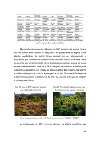Cereja do                                            Cereja do
   Araçá        Banana         rio grande   Banana        Café         Banana       rio grande    Banana
                                            Castanha                   Castanha
   Sibipiruna   Goiaba         Imbiruçu     maranhão      Jequitibá    maranhão     Imbiruçu      Goiaba
                                            Palmito                    Palmito
   Banana       Guabiroba      Banana       juçara        Banana       juçara       Banana        Guabiroba
   Urucum       Banana         Ingá         Banana        Café         Banana       Ingá          Banana
   Cereja do    Aroeira                                                                           Aroeira
   rio grande   salso          Guabiroba    Mirindiba     Cambuci      Pau Brasil   Guabiroba     salso
   Banana       Manga          Banana       Jabuticaba    Banana       Jabuticaba   Banana        Manga
   Jabuticaba   Banana         Ingá         Banana        Goiaba       Banana       Ingá          Banana
                                                                                    Alecrim de
   Paineira     Uvaia         Pau ferro      Guabiroba Guanandi Guabiroba campinas               Uvaia
   Banana       Araucária     Banana         Jerivá       Banana       Jerivá       Banana       Araucaria
   Goiaba       Banana        Grumixama Banana            Ingá         Banana       Grumixama Banana
   Tangerina Eritrina         Cabreúva       Ipê roxo     Araçá        Ipê roxo     Cabreúva     Eritrina
  Fonte: Tabela elaborada pelo autor a partir de dados presentes no croqui do Sistema Agroflorestal de Itatuba e
                                 relatórios do projeto Colhendo Sustentabilidade.



       Na escolha das espécies utilizadas no SAF, procurou-se atentar para o
uso de plantas mais rústicas e adequadas ao ecossistema da região, e no
plantio, combiná-las da melhor forma possível em um adensamento e
disposição que favorecesse o processo de sucessão natural entre elas, além
de permitir seu consorciamento com a introdução de culturas anuais ao longo
de seu desenvolvimento. Nas fotos 24 e 25 é possível observar a diferença no
gradiente da paisagem com relação ao segundo plano das imagens. Na foto 24
é nítida a diferença que compõe a paisagem, e na foto 25 essa evidência passa
a ser minimizada com o crescimento do SAF, ou seja, ele começa a se integrar
a paisagem do bioma.


Foto 24: Área do SAF preparada antes de                       Foto 25: Área do SAF após um ano e meio
       sua implantação no terreno                                de crescimento das espécies plantadas




       Fonte: fotografias realizadas por John H. B. Zappala respectivamente em 14/06/2009 e 25/02/2011.



       A implantação do SAF procurou otimizar os efeitos benéficos das


                                                                                                               133
 