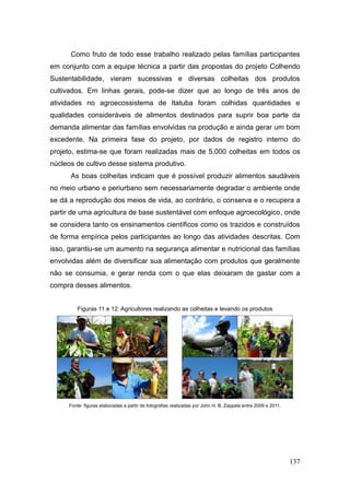 Como fruto de todo esse trabalho realizado pelas famílias participantes
em conjunto com a equipe técnica a partir das propostas do projeto Colhendo
Sustentabilidade, vieram sucessivas e diversas colheitas dos produtos
cultivados. Em linhas gerais, pode-se dizer que ao longo de três anos de
atividades no agroecossistema de Itatuba foram colhidas quantidades e
qualidades consideráveis de alimentos destinados para suprir boa parte da
demanda alimentar das famílias envolvidas na produção e ainda gerar um bom
excedente. Na primeira fase do projeto, por dados de registro interno do
projeto, estima-se que foram realizadas mais de 5.000 colheitas em todos os
núcleos de cultivo desse sistema produtivo.
      As boas colheitas indicam que é possível produzir alimentos saudáveis
no meio urbano e periurbano sem necessariamente degradar o ambiente onde
se dá a reprodução dos meios de vida, ao contrário, o conserva e o recupera a
partir de uma agricultura de base sustentável com enfoque agroecológico, onde
se considera tanto os ensinamentos científicos como os trazidos e construídos
de forma empírica pelos participantes ao longo das atividades descritas. Com
isso, garantiu-se um aumento na segurança alimentar e nutricional das famílias
envolvidas além de diversificar sua alimentação com produtos que geralmente
não se consumia, e gerar renda com o que elas deixaram de gastar com a
compra desses alimentos.


         Figuras 11 e 12: Agricultores realizando as colheitas e levando os produtos




      Fonte: figuras elaboradas a partir de fotografias realizadas por John H. B. Zappala entre 2009 e 2011.




                                                                                                               137
 