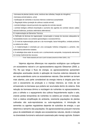 - biomassa de plantas (adubo verde, resíduos das colheitas, fixação de nitrogênio)
- biomassa animal (esterco, urina)
- reutilização de nutrientes e recursos internos e externos à propriedade
c. Regulação biótica (proteção de cultivos e saúde animal):
- controle biológico natural (aumento dos agentes de controle natural)
- controle biológico artificial (importação e aumento dos agentes de controle natural, caldas
naturais botânicas, produtos veterinários alternativos)
III. Implementação de Elementos Técnicos
a. Definição de técnicas de regeneração, conservação e manejo de recursos adequados às
necessidades locais e ao contexto agroecológico e socioeconômico.
b. O nível de implementação pode ser o da microrregião, bacia hidrográfica, unidade produtiva
ou sistema de cultivo.
c. A implementação é orientada por uma concepção holística (integrada) e, portanto, não
sobrevaloriza elementos isolados.
d. A estratégia deve estar de acordo com o conhecimento camponês, incorporando elementos
do manejo tradicional dos recursos.
              Fonte: Tabela adaptada pelo autor a partir da tabela presente em Altieri (2008, p. 25).



        Vejamos algumas diferenças nos aspectos ecológicos que configuram
um ecossistema natural e um agroecossistema segundo Gliessman (2005, p.
75). No que tange o fluxo de energia, os agroecossistemas apresentam
alterações acentuadas devido à aplicação de insumos externos deixando de
ser auto-sustentáveis como os ecossistemas naturais. Eles também se tornam
mais abertos, pois parte considerável da energia interna é dirigida para fora
com o escoamento da produção e o manejo intensivo, ao invés de ser
armazenada na biomassa que poderia ser acumulada dentro do sistema. Esta
redução de biomassa diminui a reciclagem de nutrientes no agroecossistema,
pois a colheita e o espaçamento dos cultivos frequentemente expõe o solo,
criando perdas temporárias de nutrientes no sistema por erosão e lixiviação.
Com a relativa simplificação do ambiente, raramente populações de plantas
cultivadas são auto-reprodutoras ou auto-reguladoras. A introdução de
sementes ou agentes reguladores depende de subsídios de energia, o que
determina o tamanho das populações. Os agroecossistemas possuem menores
graus de estabilidade em relação aos ecossistemas naturais, devido à redução
na diversidade funcional e estrutural ocasionada pelo manejo agrícola. Existem



                                                                                                        34
 