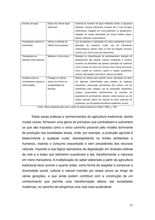 Excesso de água             Dirigir e/ou drenar água      Controle do excesso de água mediante canais e pequenas
                            disponível                    represas; campos submersos cavados até o nível de água
                                                          subterrânea; irrigação por micro-aspersão ou gotejamento;
                                                          irrigação de canais alimentada por lençol freático poços,
                                                          lagoas; cisternas e reservatórios.
Precipitação instável ou    Utilizar a umidade da         Uso de espécies e variedades de cultivo resistentes a seca;
insuficiente                melhor forma possível         aplicação     de   cobertura   morta;    uso    de    indicadores
                                                          meteorológicos; plantio misto no final da estação chuvosa;
                                                          cultivos com ciclos curtos de crescimento.
Temperatura ou              Melhorar o micro-clima        Redução ou intensificação do sombreamento; redução do
radiação solar extremas                                   espaçamento das plantas; cultivos resistentes a sombra;
                                                          aumento da densidade das plantas; aplicação de cobertura
                                                          morta; manejo do vento com cercas vivas e linhas de árvores
                                                          como cordão de contorno; capina e aração superficiais;
                                                          cultivos intercalados; silvicultura; cultivos em aléias.
Incidência alta de          Proteger os cultivos,         Reforço do plantio para permitir riscos; permissão do dano
controladores naturais e    reduzir ao mínimo as          por algumas enfermidades para seleção de espécies
enfermidades                probabilidades de             resistentes; observação permanente dos cultivos; uso de
                            doenças                       vertebrados para catação; uso de variedades resistentes;
                                                          cultivos    consorciados;   favorecimento      do    aumento   da
                                                          população de controladores naturais; coleta manual; uso de
                                                          caldas naturais; plantio em épocas de baixo potencial de
                                                          problemas; uso de plantas aromáticas repelentes; pousio.
                 Fonte: Tabela adaptada pelo autor a partir da tabela presente em Altieri (1999, p. 106).



          Todas essas práticas e conhecimentos da agricultura tradicional, dentre
muitas outras, fornecem uma gama de princípios que contradizem e subvertem
os que são impostos como o único caminho possível pelo modelo dominante
de produção nas sociedades atuais, onde, por exemplo, a produção agrícola é
desenvolvida a qualquer custo, desrespeitando os limites ambientais e
humanos, visando o consumo exacerbado e sem precedentes dos recursos
naturais, impondo a sua lógica reprodutiva de degradação em diversas esferas
da vida e a todos que estiverem suscetíveis a ela, transformando a natureza
em mera mercadoria. A multiplicação do saber elaborado a partir da agricultura
tradicional deve ocorrer o quanto antes, como forma de respeitar e conservar a
diversidade social, cultural e natural mantida por esses povos ao longo de
várias gerações, e que ainda podem contribuir com a construção de um
conhecimento que permita uma transformação efetiva nas sociedades
modernas, no caminho de atingirmos uma vida mais sustentável.




                                                                                                                         51
 