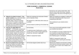 K to 12 TECHNOLOGY AND LIVELIHOOD EDUCATION
HOME ECONOMICS –COMMERCIAL COOKING
(Exploratory)
*TWG on K to 12 Curriculum Guide – version January 31, 2012 11
because you are going to teach them what
they do not yet know and correct whatever
wrong concepts they have at the beginning of
the lesson.
6. “What Do You Need To Know?”- This
section contains one or more Information
Sheets and for some modules an
Operation Sheet. These are important
notes for the TLE student to read after
which he/she is asked to do a Self-check to
determine how much he/she has learned.
The self-check functions as a pretest.
Read and understand the Information Sheet/s
and /or Operation Sheet.
Be prepared For a Self-check which serves as
a posttest.
Correct answers by referring to the answer key.
Make sure students are engaged in reading the
Information Sheet/Observation Sheet and in
answering the self-check.
Give assistance to your students where
needed.
7. “How Do You Apply What You
Learned?” – In this section, you give your
student the opportunity to transfer what
he/she has learned in another activity or in
real life situation. Ideally, this should be a
performance test, what you usually call
practical test. If “the proof of the pudding is
in the eating”, then your student must be
able to apply what she/he learned in real-
life setting or must be able to come up with
a product as an evidence of learning.
Do the Activity.
To determine level of performance, use the
scoring rubrics or check answers against the
answer key, whichever is applicable.
Reflect on assessment results.
Find a way to test real life application of what
your students have learned.
Do not hesitate to use ways of determining how
your students can apply learned facts and
concepts which are more authentic and realistic
than that/those given in the Module.
Reflect on assessment results. Use
assessment results in planning the next steps
for instruction.
8. How Do You Extend Your Learning? –
As the word implies, this activity is done
outside class hours for enrichment
purposes. This can reinforce lesson
mastery.
Do the task assigned outside class hours. Motivate the students to do the task by making
clear what the enrichment activity is about –why
it is given, how it is done, how it relates to the
class lesson .
 
