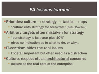 Priorities: culture  ->  strategy  ->  tactics  ->  ops “ culture eats strategy for breakfast”  [Peter Drucker] Arbitrary targets often mistaken for strategy “ our strategy is last year plus 10%” gives no indication as to what to  do , or why... IT-centrism hides the real issues IT-detail important but often used as a distraction Culture, respect etc as  architectural  concerns culture as the real core of the enterprise EA lessons-learned 