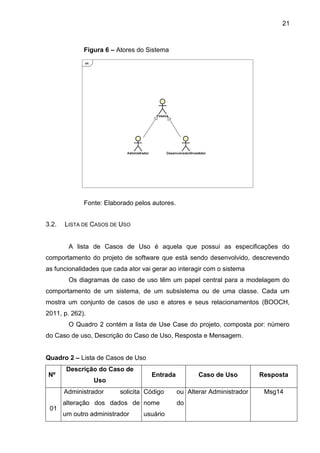 21
Figura 6 – Atores do Sistema
Fonte: Elaborado pelos autores.
3.2. LISTA DE CASOS DE USO
A lista de Casos de Uso é aquela que possui as especificações do
comportamento do projeto de software que está sendo desenvolvido, descrevendo
as funcionalidades que cada ator vai gerar ao interagir com o sistema
Os diagramas de caso de uso têm um papel central para a modelagem do
comportamento de um sistema, de um subsistema ou de uma classe. Cada um
mostra um conjunto de casos de uso e atores e seus relacionamentos (BOOCH,
2011, p. 262).
O Quadro 2 contém a lista de Use Case do projeto, composta por: número
do Caso de uso, Descrição do Caso de Uso, Resposta e Mensagem.
Quadro 2 – Lista de Casos de Uso
Nº
Descrição do Caso de
Uso
Entrada Caso de Uso Resposta
4
01
Administrador solicita
alteração dos dados de
um outro administrador
Código ou
nome do
usuário
Alterar Administrador Msg14
 