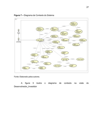 27
Figura 7 – Diagrama de Contexto do Sistema
Fonte: Elaborado pelos autores.
A figura 5 ilustra o diagrama de contexto na visão do
Desenvolvedor_Investidor
 