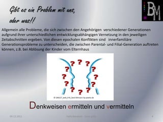 Gibt es ein Problem mit uns,
    oder was!!
Allgemein alle Probleme, die sich zwischen den Angehörigen verschiedener Generationen
aufgrund ihrer unterschiedlichen entwicklungsabhängigen Vernetzung in den jeweiligen
Zeitabschnitten ergeben. Von diesen epochalen Konflikten sind innerfamiliäre
Generationsprobleme zu unterscheiden, die zwischen Parental- und Filial-Generation auftreten
können, z.B. bei Ablösung der Kinder vom Elternhaus




                              © 546527_web_R-B_Gerd Altmann by pixelio.de




                 Denkweisen ermitteln und vermitteln
    09.12.2011                             Hafiz Barakath - Dosis g50p                  4
 