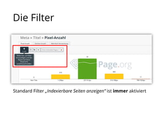 Die Filter
Standard Filter „Indexierbare Seiten anzeigen“ ist immer aktiviert
 