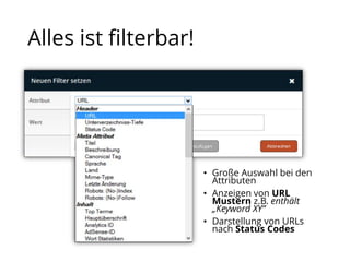 Alles ist filterbar!
• Große Auswahl bei den
Attributen
• Anzeigen von URL
Mustern z.B. enthält
„Keyword XY“
• Darstellung von URLs
nach Status Codes
 