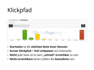 Klickpfad
• Startseite ist die stärkste Seite einer Domain
• Kurzer Klickpfad = Viel Linkpower auf Unterseite
• Nicht jede Seite ist es wert „schnell“ erreichbar zu sein
• Nicht erreichbare Seiten sollten die Ausnahme sein
 