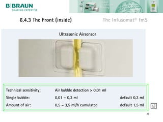 6.4.3 The Front (inside)                    The Infusomat® fmS

                           Ultrasonic Airsensor




Technical sensitivity:   Air bubble detection > 0,01 ml
Single bubble:           0,01 – 0,3 ml                     default 0,3 ml
Amount of air:           0,5 – 3,5 ml/h cumulated          default 1,5 ml

                                                                            29
 