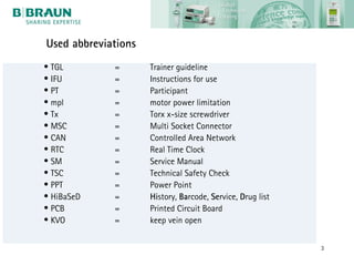 Used abbreviations
• TGL        =       Trainer guideline
• IFU        =       Instructions for use
• PT         =       Participant
• mpl        =       motor power limitation
• Tx         =       Torx x-size screwdriver
• MSC        =       Multi Socket Connector
• CAN        =       Controlled Area Network
• RTC        =       Real Time Clock
• SM         =       Service Manual
• TSC        =       Technical Safety Check
• PPT        =       Power Point
• HiBaSeD    =       History, Barcode, Service, Drug list
• PCB        =       Printed Circuit Board
• KVO        =       keep vein open


                                                            3
 