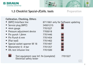 1.3 Checklist Spezial-/Calib. tools                 Preparation

Calibration, Checking, Others
• (MFC) Interface line             8711661 only for Software updating
• Service plug (MFC)               34501215
• 4mm gauge                        7701527
• Pressure adjustment device       7705018
• Pin punch 1,8mm                  7701446
• Pin Punch 6 mm                   7701454
• (Flat tool)                      7701462
• Special socket spanner M 18      7701497
• Manometer 0 -4 bar               7701357
• OIL test infusion line           7701500

         Test equipment case Inf. fm (complete)     7701527
         Electrical safety tester

                                                                        7
 