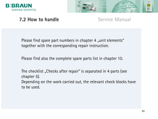 7.2 How to handle                             Service Manual


Please find spare part numbers in chapter 4 „unit elements“
together with the corresponding repair instruction.

Please find also the complete spare parts list in chapter 10.

The checklist „Checks after repair“ is separated in 4 parts (see
chapter 5).
Depending on the work carried out, the relevant check blocks have
to be used.




                                                                    80
 