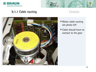9.1.1 Cable routing           Caution

                      • Motor cable routing
                        see photo left
                      • Cable should have no
                        contact to the gear




                                               89
 