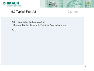 9.2 Typical Fault(s)                                    Caution


• It is impossible to turn on device.
  Reason: Rubber flex cable Front -> Controller board
• etc.




                                                                  96
 