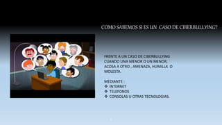 COMO SABEMOS SI ES UN CASO DE CIBERBULLYING?
FRENTE A UN CASO DE CIBERBULLYING
CUANDO UNA MENOR O UN MENOR,
ACOSA A OTRO , AMENAZA, HUMILLA O
MOLESTA.
MEDIANTE :
 INTERNET
 TELEFONOS
 CONSOLAS U OTRAS TECNOLOGIAS.
6
 