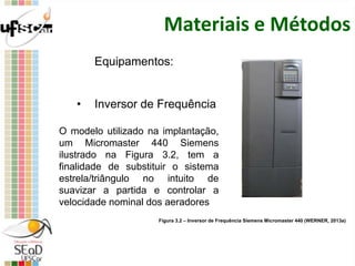 Materiais e Métodos
Equipamentos:
• Inversor de Frequência
O modelo utilizado na implantação,
um Micromaster 440 Siemens
ilustrado na Figura 3.2, tem a
finalidade de substituir o sistema
estrela/triângulo no intuito de
suavizar a partida e controlar a
velocidade nominal dos aeradores
Figura 3.2 – Inversor de Frequência Siemens Micromaster 440 (WERNER, 2013a)
 