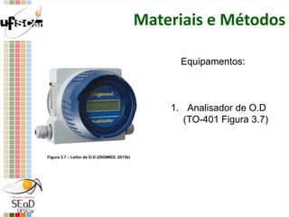 Materiais e Métodos
Equipamentos:
1. Analisador de O.D
(TO-401 Figura 3.7)
Figura 3.7 – Leitor de O.D (DIGIMED, 2013b)
 