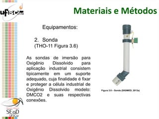 Materiais e Métodos
Equipamentos:
2. Sonda
(THO-11 Figura 3.6)
As sondas de imersão para
Oxigênio Dissolvido para
aplicação industrial consistem
tipicamente em um suporte
adequado, cuja finalidade é fixar
e proteger a célula industrial de
Oxigênio Dissolvido modelo:
DMCO2 e suas respectivas
conexões.
Figura 3.6 – Sonda (DIGIMED, 2013a)
 