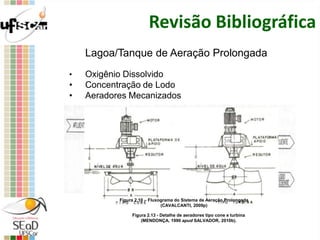 Revisão Bibliográfica
Lagoa/Tanque de Aeração Prolongada
• Oxigênio Dissolvido
• Concentração de Lodo
• Aeradores Mecanizados
Figura 2.10 – Fluxograma do Sistema de Aeração Prolongada
(CAVALCANTI, 2009p)
Figura 2.13 - Detalhe de aeradores tipo cone e turbina
(MENDONÇA, 1990 apud SALVADOR, 2010b).
 