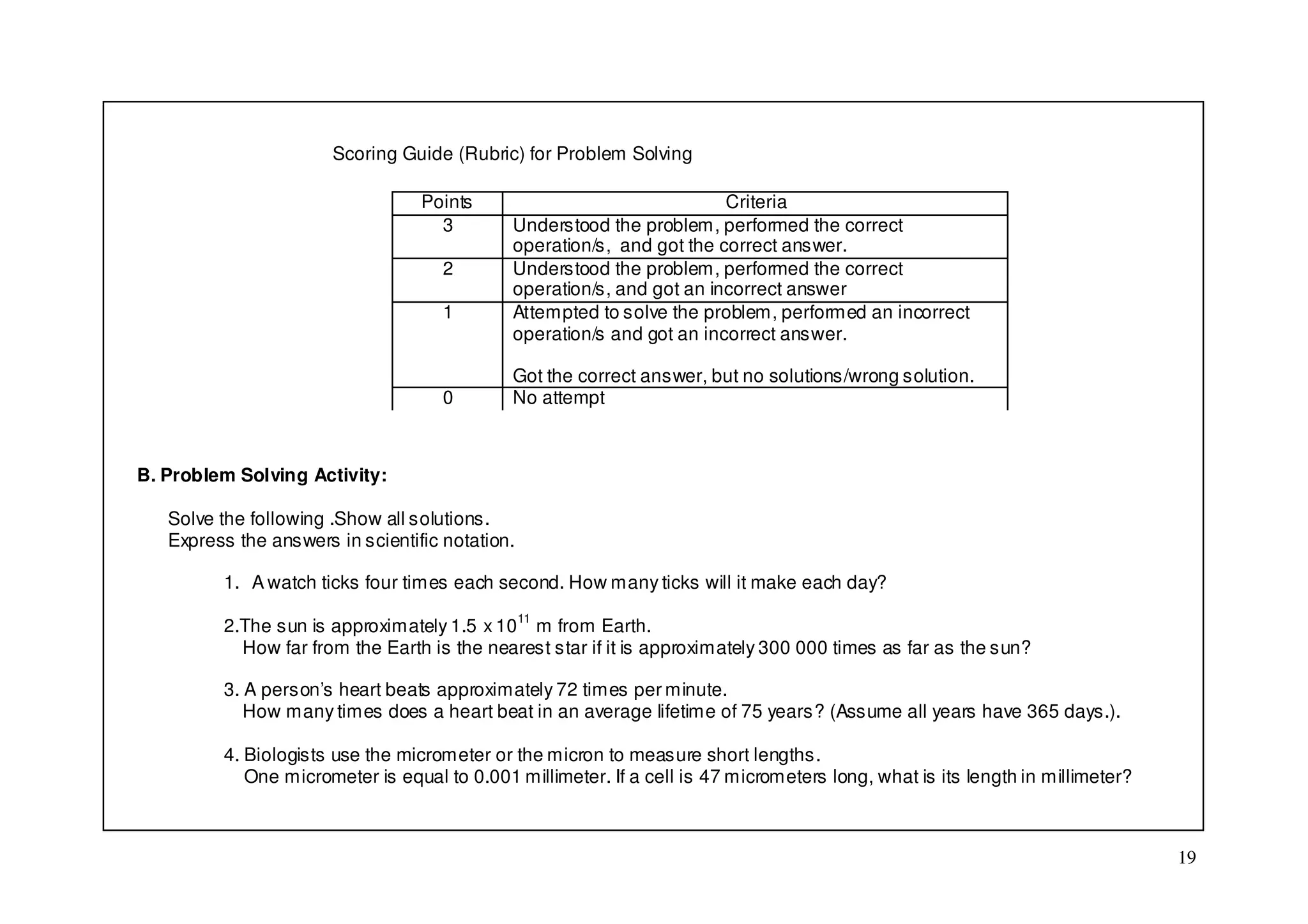 Scoring Guide (Rubric) for Problem Solving

                                  Points                               Criteria
                                    3        Understood the problem, performed the correct
                                             operation/s, and got the correct answer.
                                     2       Understood the problem, performed the correct
                                             operation/s, and got an incorrect answer
                                     1       Attempted to solve the problem, performed an incorrect
                                             operation/s and got an incorrect answer.

                                             Got the correct answer, but no solutions/wrong solution.
                                     0       No attempt



B. Problem Solving Activity:

   Solve the following .Show all solutions.
   Express the answers in scientific notation.

         1. A watch ticks four times each second. How many ticks will it make each day?

         2.The sun is approximately 1.5 x 1011 m from Earth.
           How far from the Earth is the nearest star if it is approximately 300 000 times as far as the sun?

         3. A person’s heart beats approximately 72 times per minute.
            How many times does a heart beat in an average lifetime of 75 years? (Assume all years have 365 days.).

         4. Biologists use the micrometer or the micron to measure short lengths.
            One micrometer is equal to 0.001 millimeter. If a cell is 47 micrometers long, what is its length in millimeter?



                                                                                                                               19
 