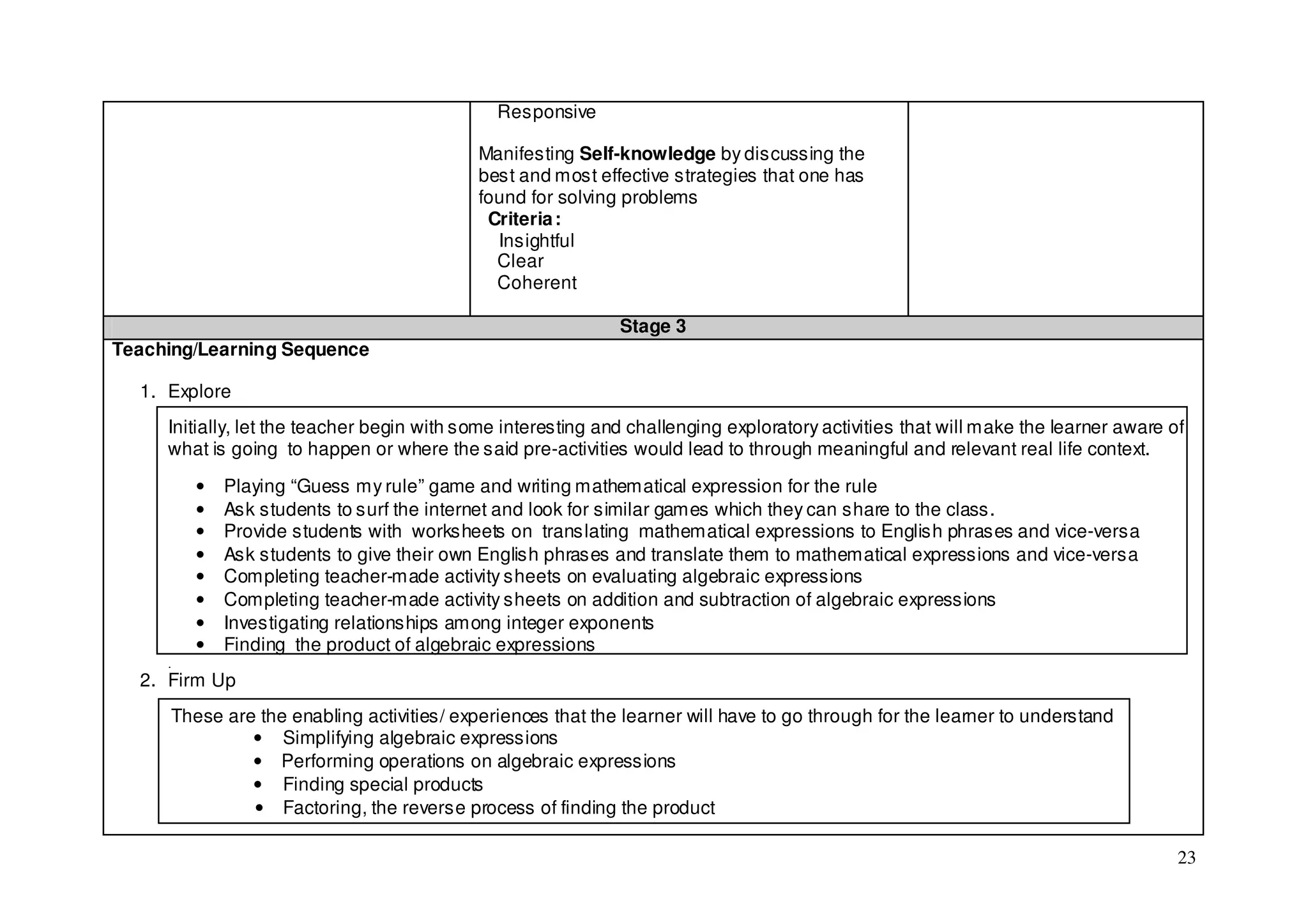 Responsive

                                            Manifesting Self-knowledge by discussing the
                                            best and most effective strategies that one has
                                            found for solving problems
                                             Criteria :
                                              Insightful
                                              Clear
                                              Coherent

                                                              Stage 3
Teaching/Learning Sequence

  1. Explore
     Initially, let the teacher begin with some interesting and challenging exploratory activities that will make the learner aware of
     what is going to happen or where the said pre-activities would lead to through meaningful and relevant real life context.

         •   Playing “Guess my rule” game and writing mathematical expression for the rule
         •   Ask students to surf the internet and look for similar games which they can share to the class.
         •   Provide students with worksheets on translating mathematical expressions to English phrases and vice-versa
         •   Ask students to give their own English phrases and translate them to mathematical expressions and vice-versa
         •   Completing teacher-made activity sheets on evaluating algebraic expressions
         •   Completing teacher-made activity sheets on addition and subtraction of algebraic expressions
         •   Investigating relationships among integer exponents
         •   Finding the product of algebraic expressions
     .
  2. Firm Up
     These are the enabling activities/ experiences that the learner will have to go through for the learner to understand
              • Simplifying algebraic expressions
              • Performing operations on algebraic expressions
              • Finding special products
              • Factoring, the reverse process of finding the product

                                                                                                                                     23
 